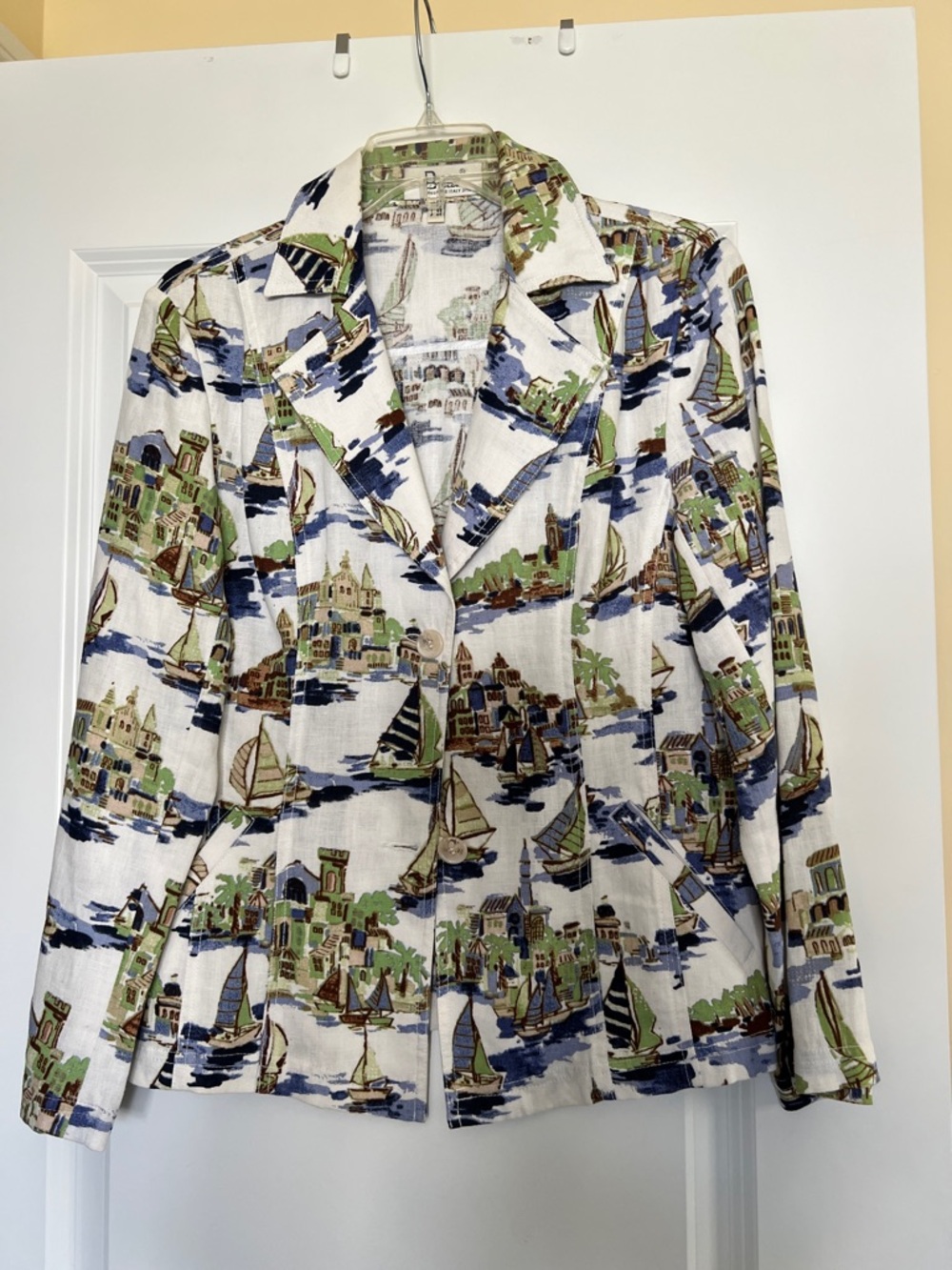 Italian Linen Printed Nautical Theme Blazer in Blue, Green & White